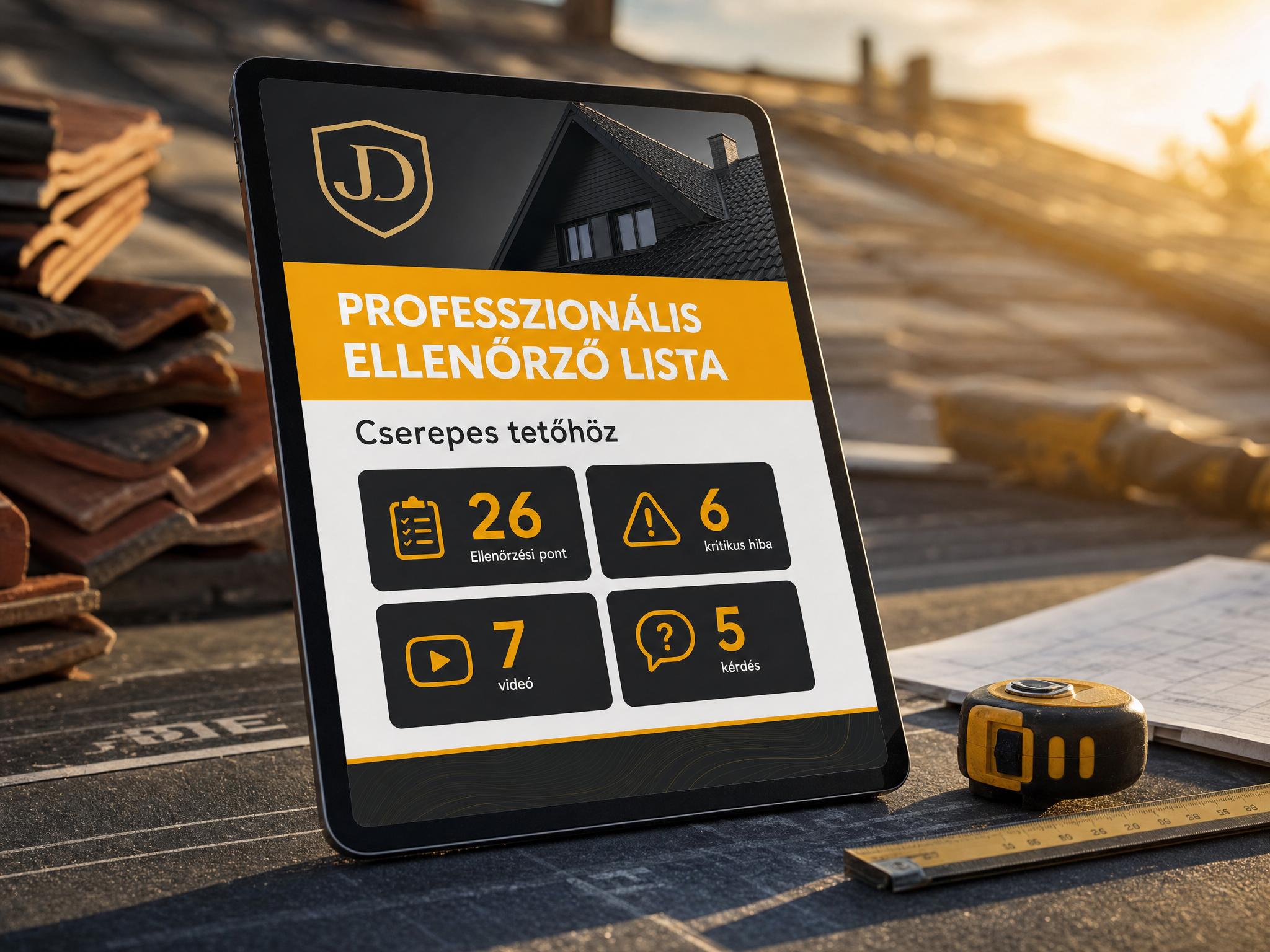 Professzionális Ellenőrző Lista - 26 pontos tetőépítési útmutató tablet mockup